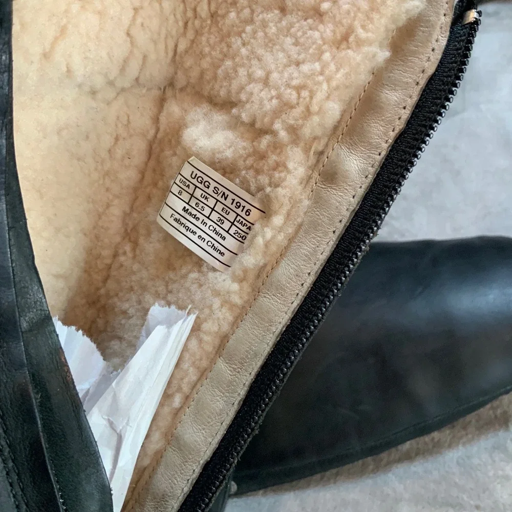 UGG Australia 1916 Black Leather Tall Knee High Shearling Lined Boots Womens 8